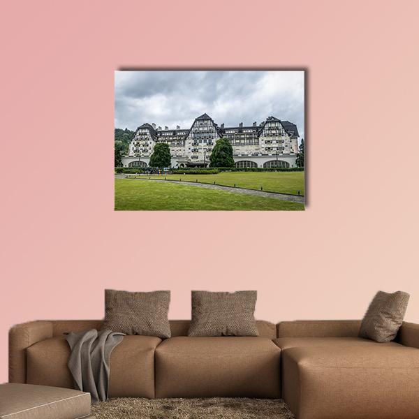 Quitandinha Palace Former Casino Hotel Canvas Wall Art in white, gray and green, single panel hung on a wall