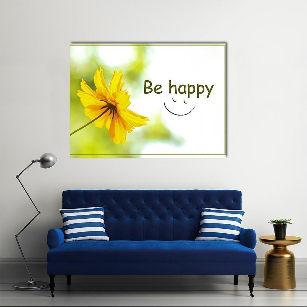 Be Happy Quote with Yellow Flower Canvas Wall Art in white, yellow and green, single panel hung on a wall
