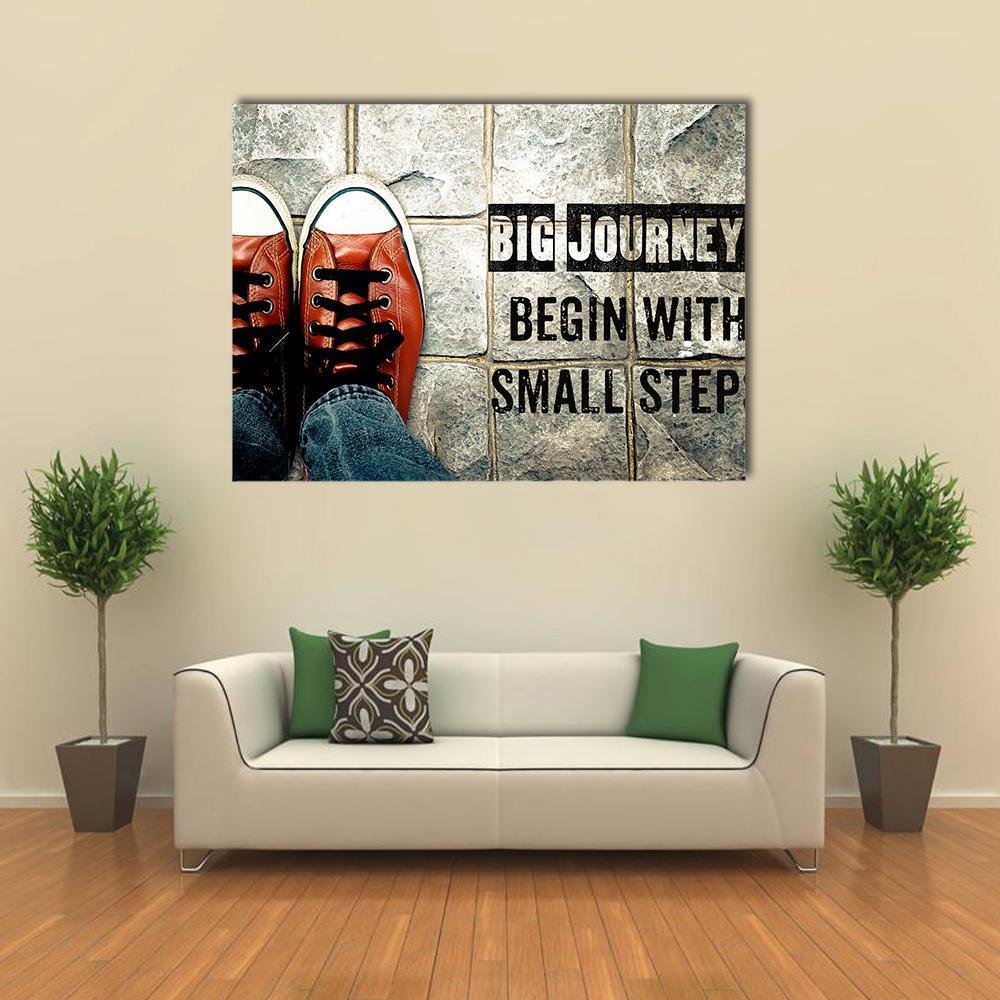 Big Journeys Begin with Small Steps Canvas Wall Art in black, gray and brown, single panel hung on a wall