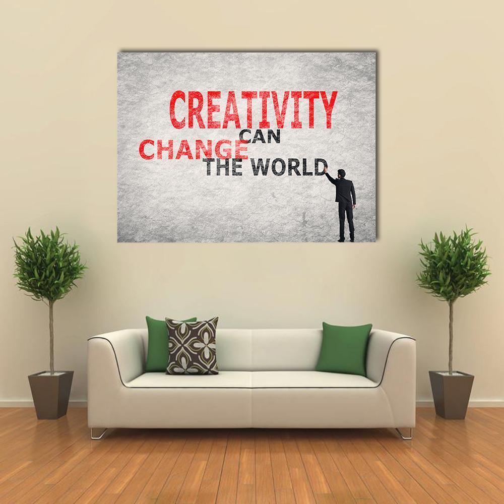 Creativity Can Change the World Quote Canvas Wall Art in black, gray and red, single panel hung on a wall