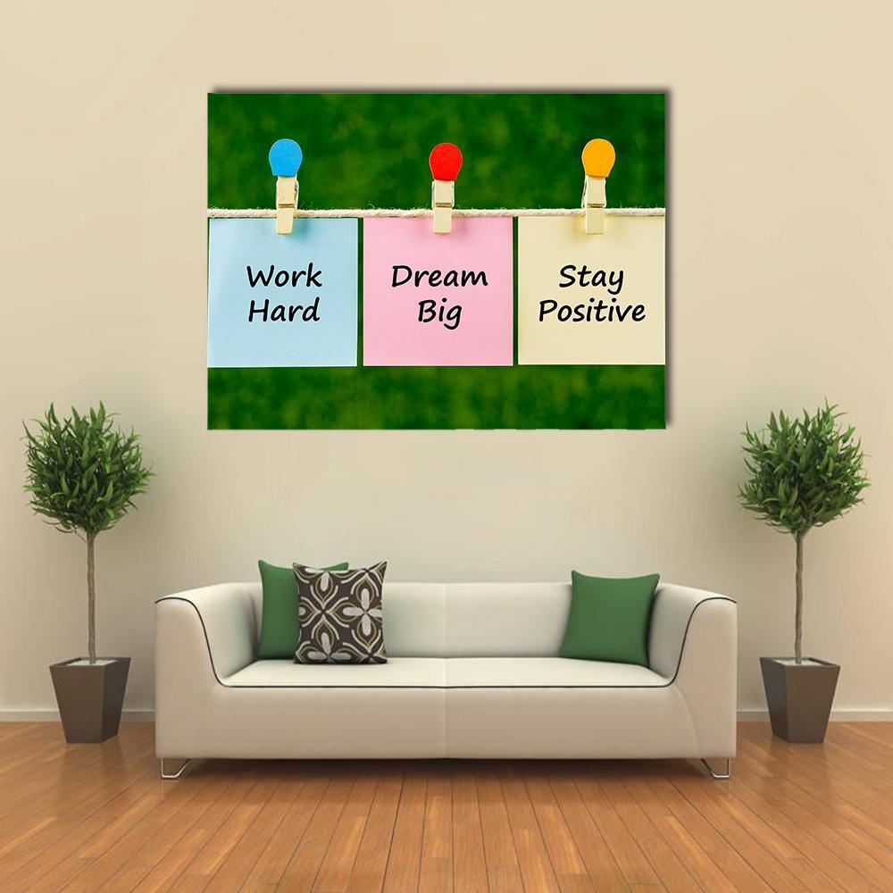 Motivational Quote on Green Sticky Notes Canvas Wall Art in green, blue and pink, single panel hung on a wall