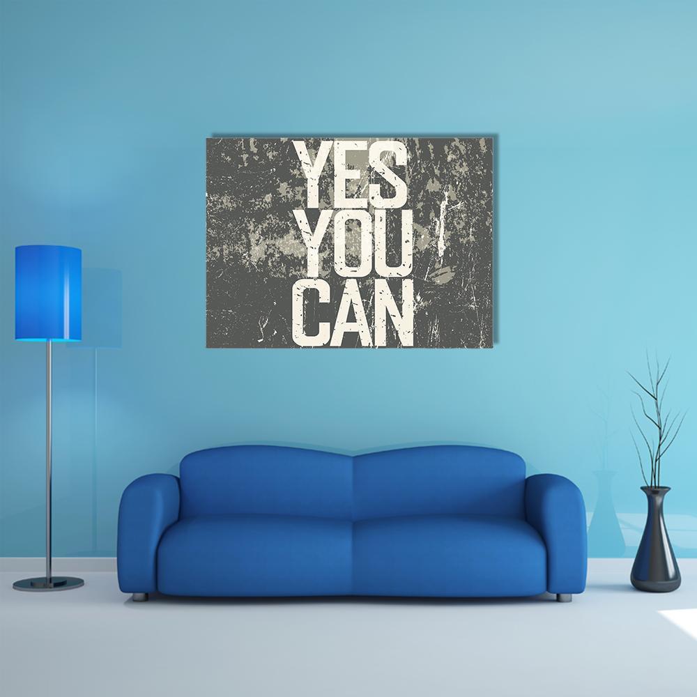Yes You Can Motivational Quote Canvas Wall Art in white and gray, single panel hung on a wall