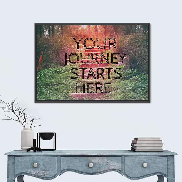 Your Journey Starts Here Forest Path Quote Canvas Wall Art in brown, green and pink, framed canvas, product view on a white background
