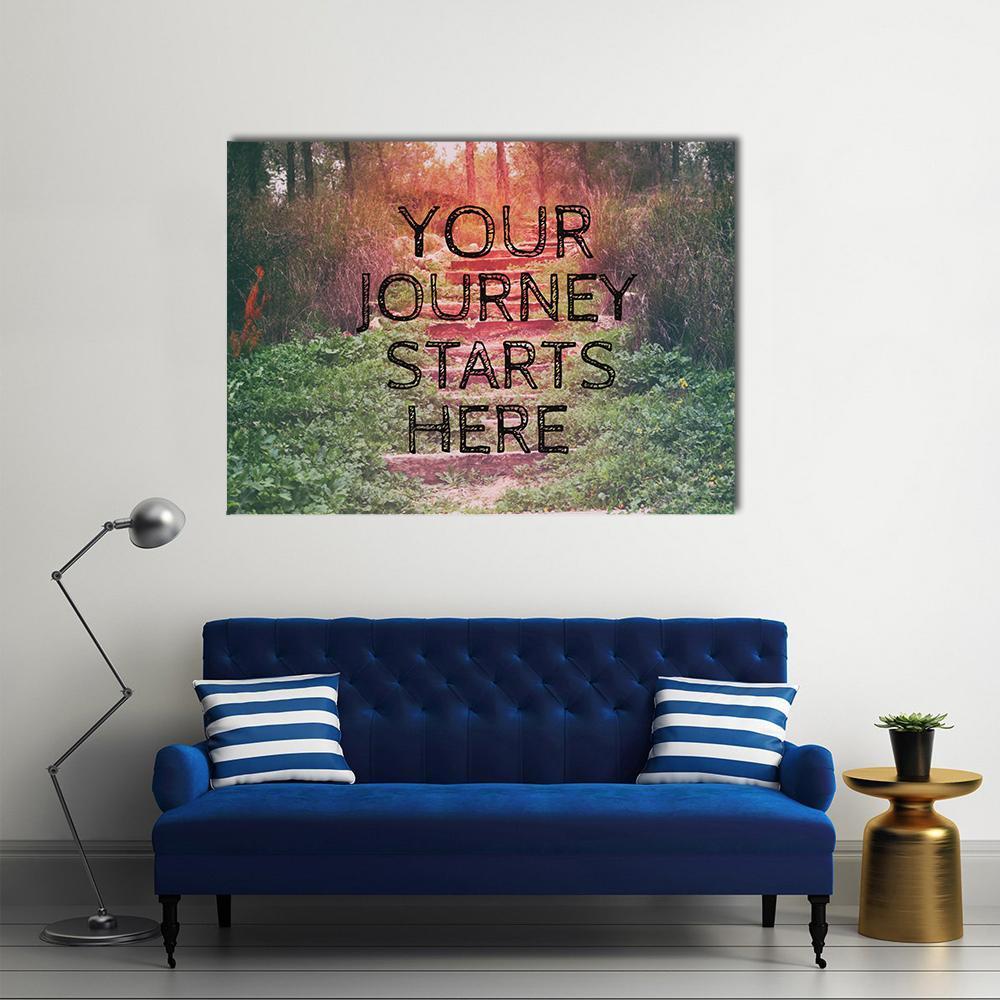 Your Journey Starts Here Forest Path Quote Canvas Wall Art in brown, green and pink, single panel hung on a wall