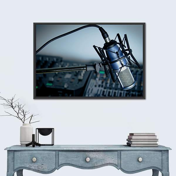 Blue Condenser Microphone in Studio Canvas Wall Art in black, gray and blue, framed canvas, product view on a white background