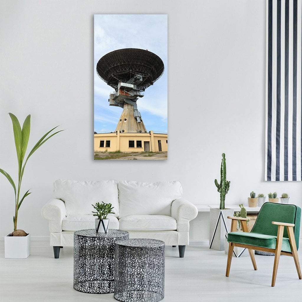 Radio Telescope Dish Over Concrete Tower Vertical Canvas Wall Art in gray, beige and blue, single vertical panel hung on a wall