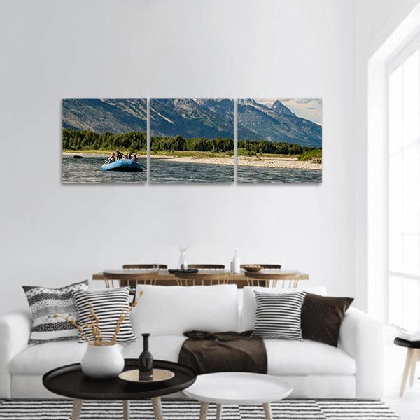 Rafting on an Alpine River Panoramic Canvas Wall Art in gray, green and blue, hung on a wall