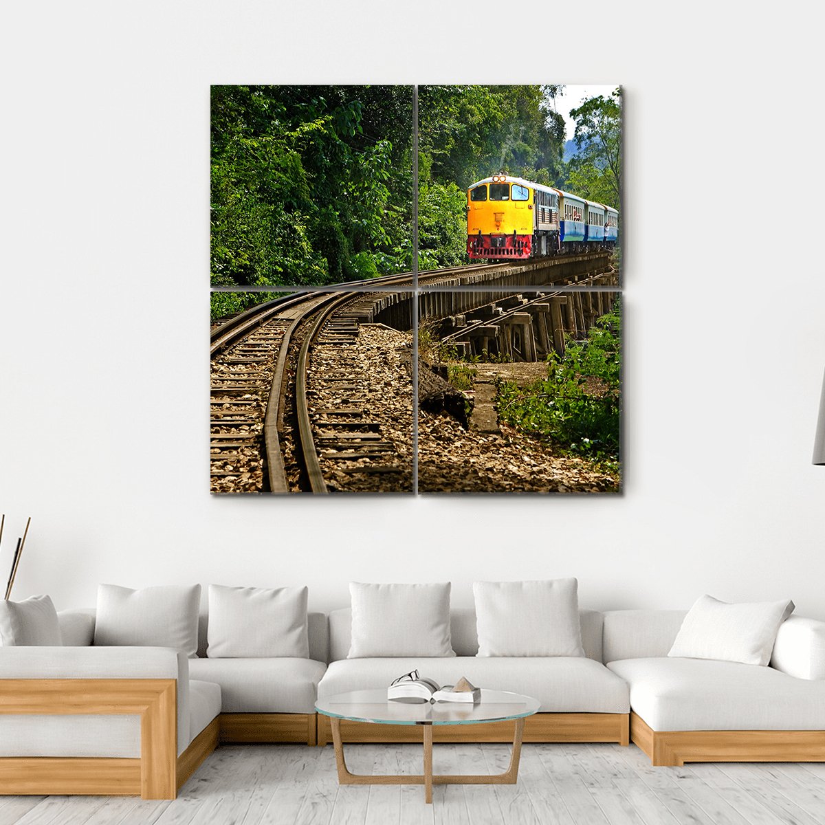 Rail Travel In Kanchanaburi Province Thailand Canvas Wall Art-4 Square-Gallery Wrap-17" x 17"-Tiaracle