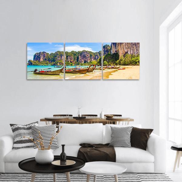 Railay Beach, Krabi Thailand Panoramic Canvas Wall Art in beige, green and blue, hung on a wall