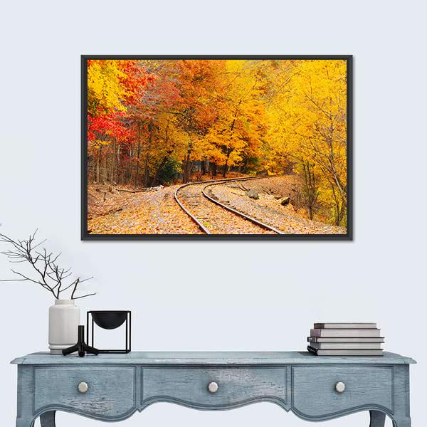 Railroad Track In Autumn Canvas Wall Art-1 Piece-Floating Frame-24" x 16"-Tiaracle