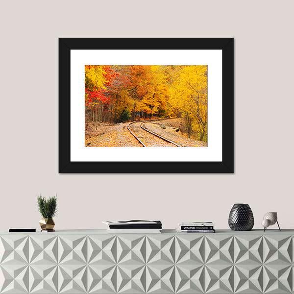 Railroad Track In Autumn Canvas Wall Art-1 Piece-Framed Print-20" x 16"-Tiaracle