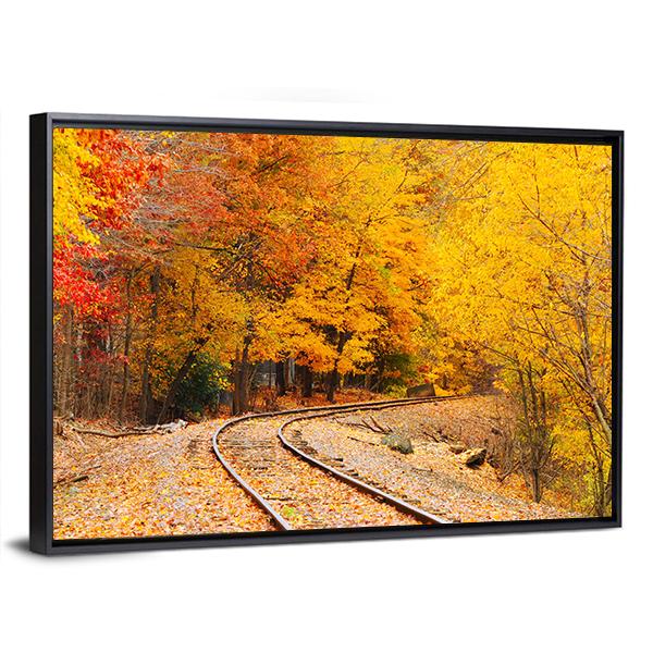 Railroad Track In Autumn Canvas Wall Art-3 Horizontal-Gallery Wrap-25" x 16"-Tiaracle