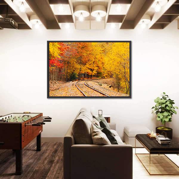 Railroad Track In Autumn Canvas Wall Art-3 Horizontal-Gallery Wrap-25" x 16"-Tiaracle