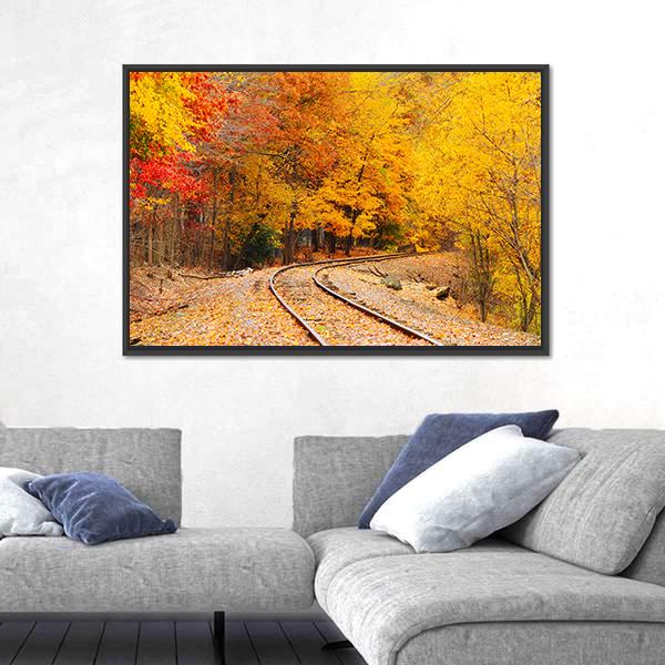 Railroad Track In Autumn Canvas Wall Art-3 Horizontal-Gallery Wrap-25" x 16"-Tiaracle