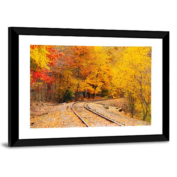 Railroad Track In Autumn Canvas Wall Art-3 Horizontal-Gallery Wrap-25" x 16"-Tiaracle