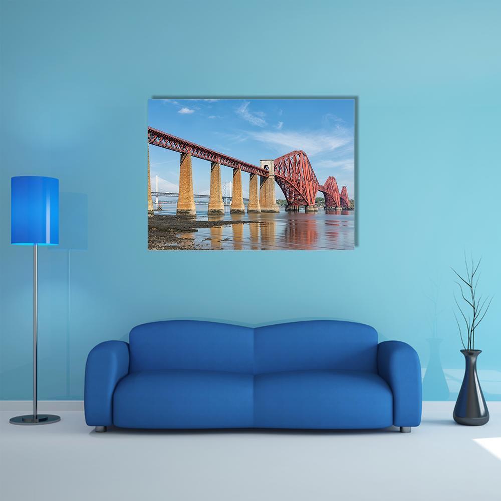 Railway Bridge Over Firth of Forth Canvas Wall Art in brown, red and blue, single panel hung on a wall