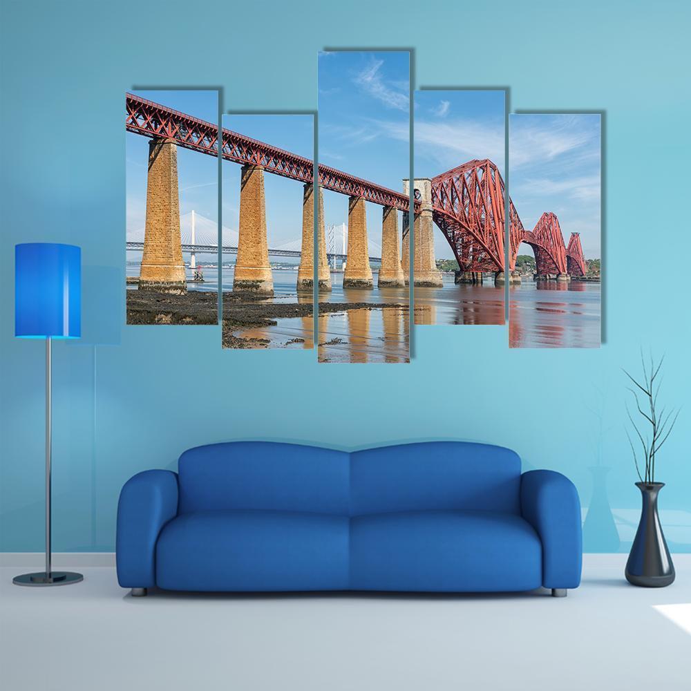 Railway Bridge Over Firth Of Forth In Scotland Canvas Wall Art-5 Pop-Gallery Wrap-47" x 32"-Tiaracle