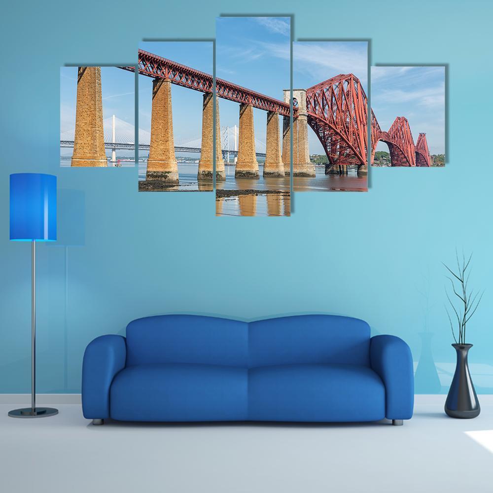 Railway Bridge Over Firth Of Forth In Scotland Canvas Wall Art-5 Star-Gallery Wrap-62" x 32"-Tiaracle