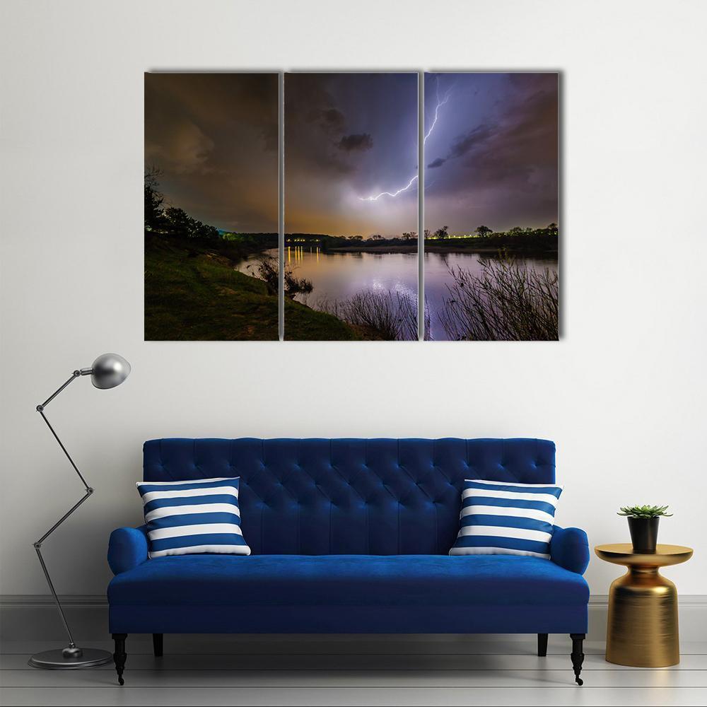 Rain And Lightning Above The River Canvas Wall Art-3 Horizontal-Gallery Wrap-37" x 24"-Tiaracle