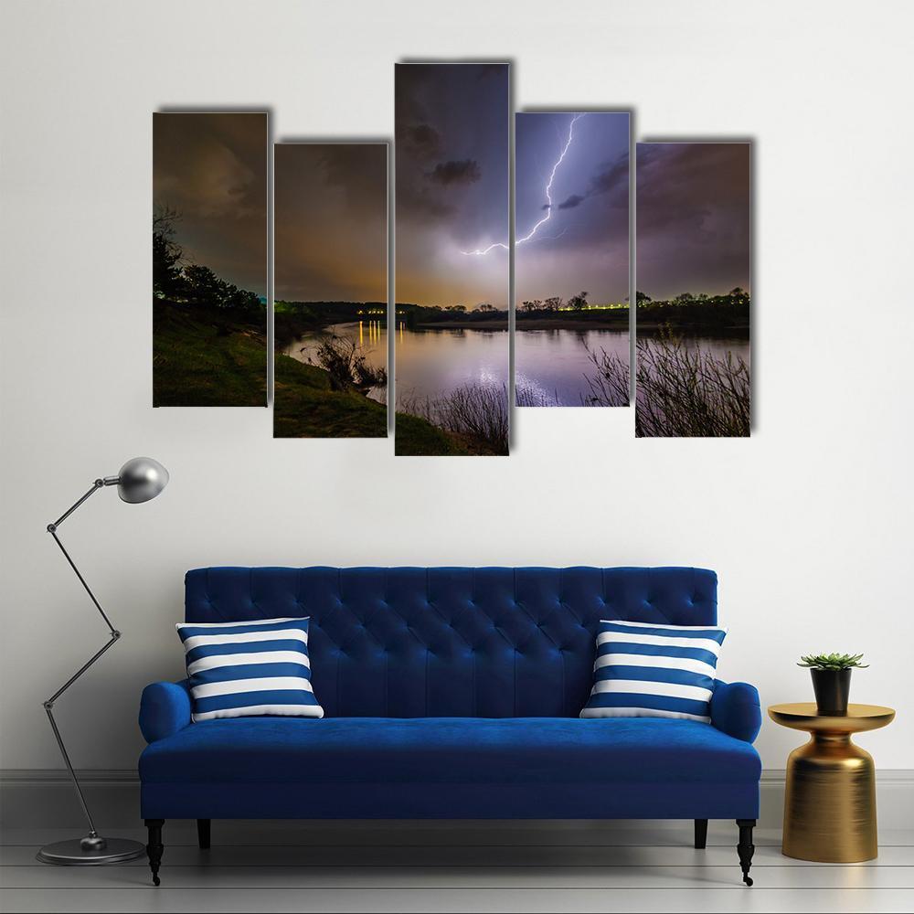 Rain And Lightning Above The River Canvas Wall Art-5 Pop-Gallery Wrap-47" x 32"-Tiaracle