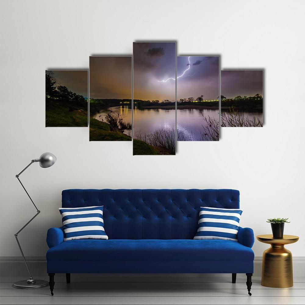 Rain And Lightning Above The River Canvas Wall Art-5 Star-Gallery Wrap-62" x 32"-Tiaracle