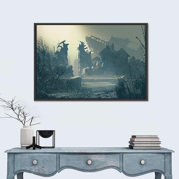Rain In Abandoned City Canvas Wall Art-1 Piece-Floating Frame-24&quot; x 16&quot;-Tiaracle