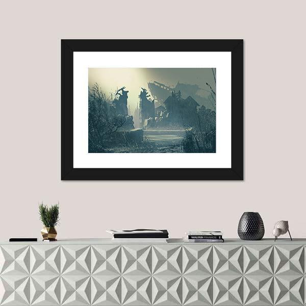 Rain In Abandoned City Canvas Wall Art-1 Piece-Framed Print-20&quot; x 16&quot;-Tiaracle