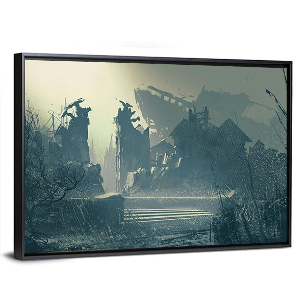 Rain In Abandoned City Canvas Wall Art-3 Horizontal-Gallery Wrap-25&quot; x 16&quot;-Tiaracle