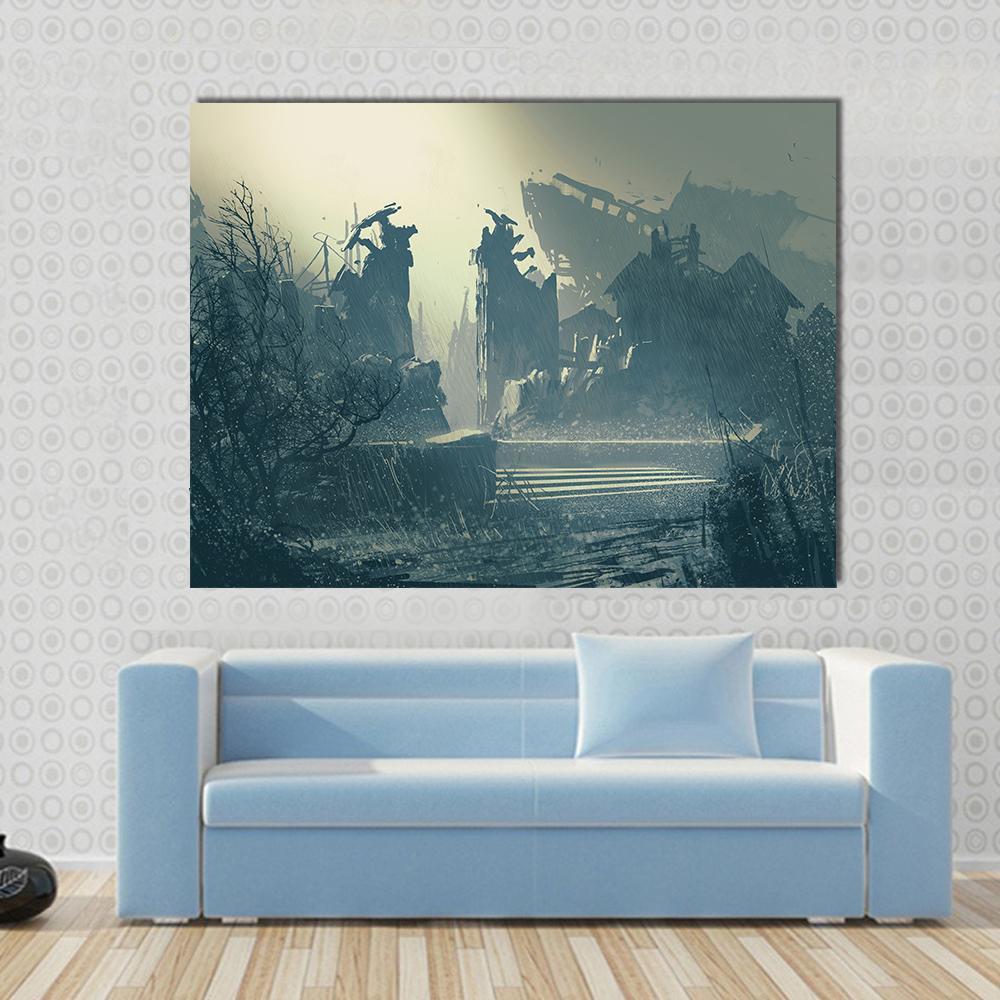 Rain in Abandoned City Canvas Wall Art in gray, beige and blue, single panel hung on a wall