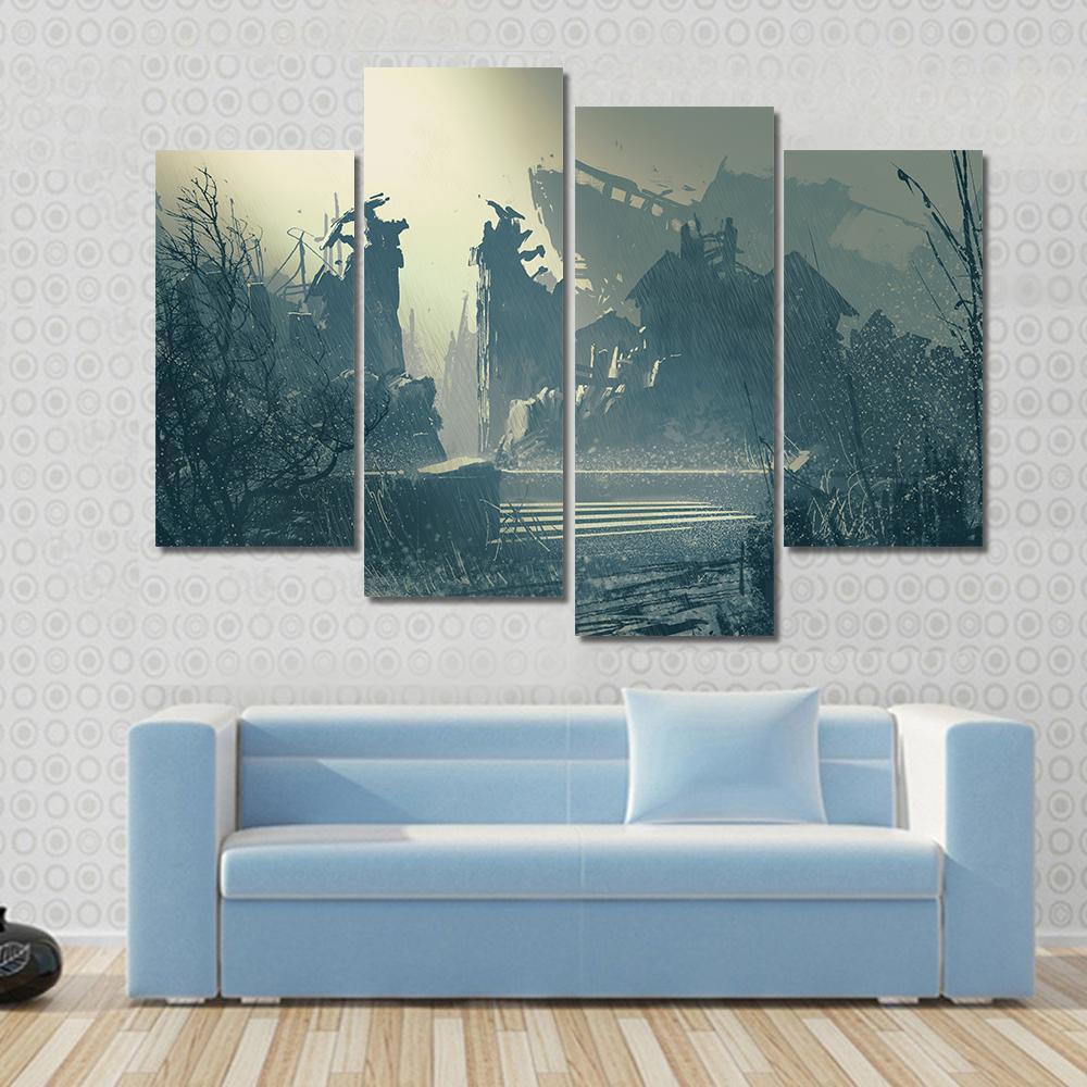Rain In Abandoned City Canvas Wall Art-4 Pop-Gallery Wrap-50&quot; x 32&quot;-Tiaracle