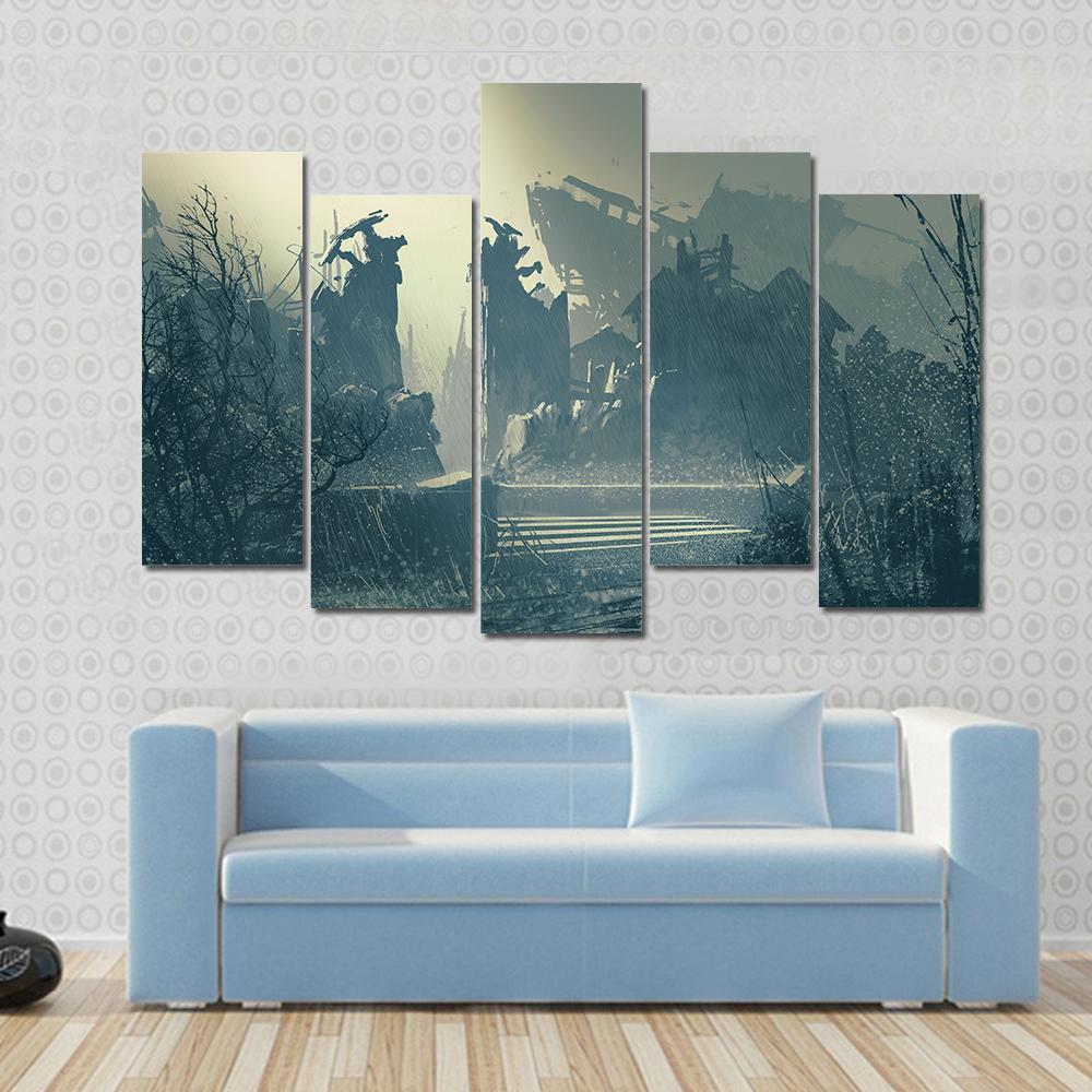 Rain In Abandoned City Canvas Wall Art-3 Horizontal-Gallery Wrap-37" x 24"-Tiaracle