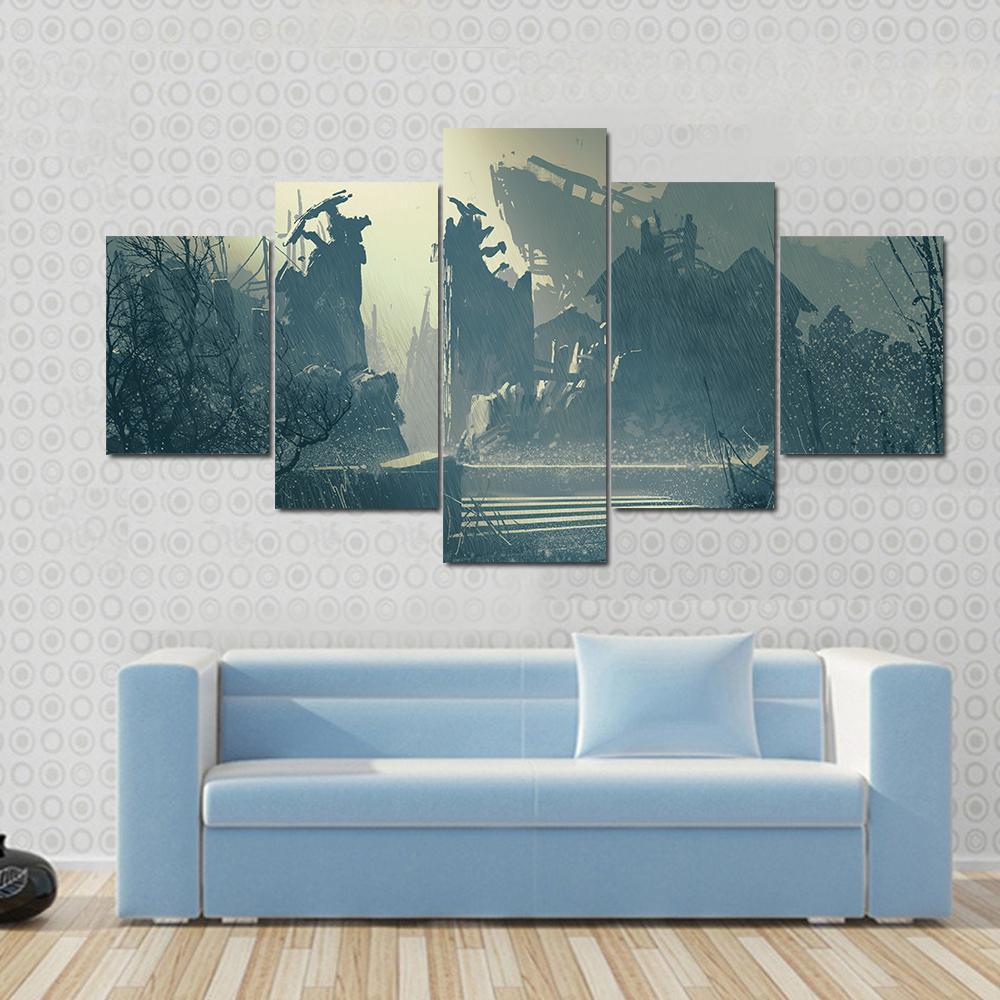 Rain In Abandoned City Canvas Wall Art-5 Star-Gallery Wrap-62&quot; x 32&quot;-Tiaracle