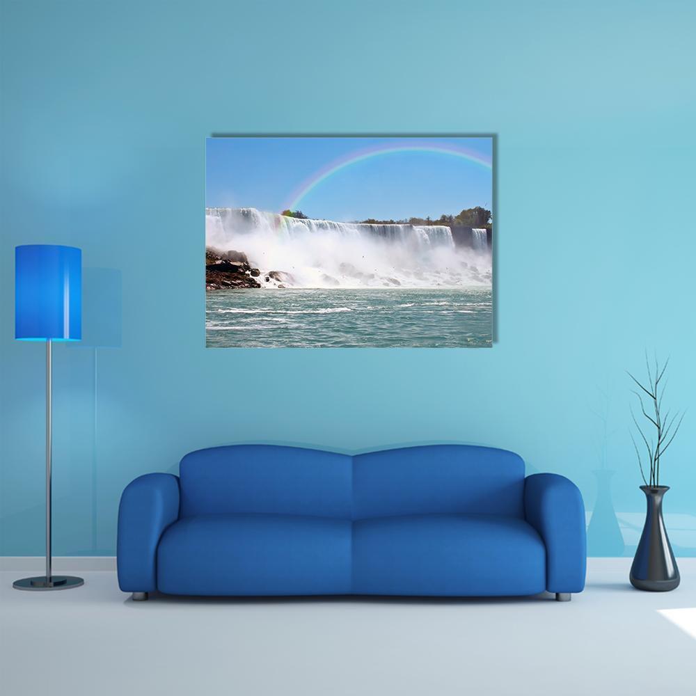 Rainbow Over Niagara Falls Canvas Wall Art in white and blue, single panel hung on a wall