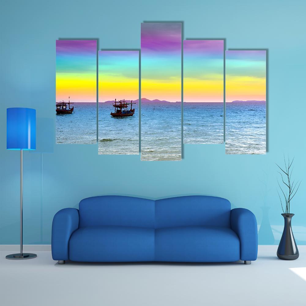 Rainbow Back Dark Cloud On Sea Canvas Wall Art-5 Pop-Gallery Wrap-47" x 32"-Tiaracle
