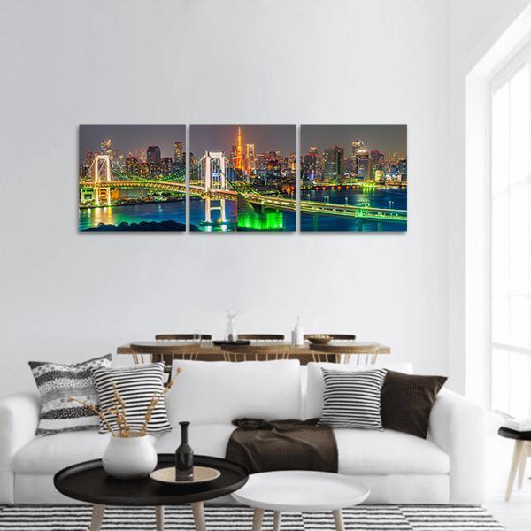 Tokyo Tower &amp; Rainbow Bridge Panoramic Canvas Wall Art-3 Piece-25" x 08"-Tiaracle