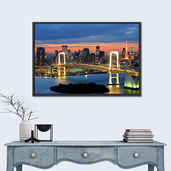 Rainbow Bridge and Tokyo Tower at Night Canvas Wall Art in black, orange and blue, framed canvas, product view on a white background