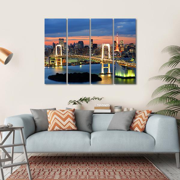 Rainbow Bridge Spanning Tokyo Bay With Tokyo Tower Canvas Wall Art-4 Horizontal-Gallery Wrap-34" x 24"-Tiaracle