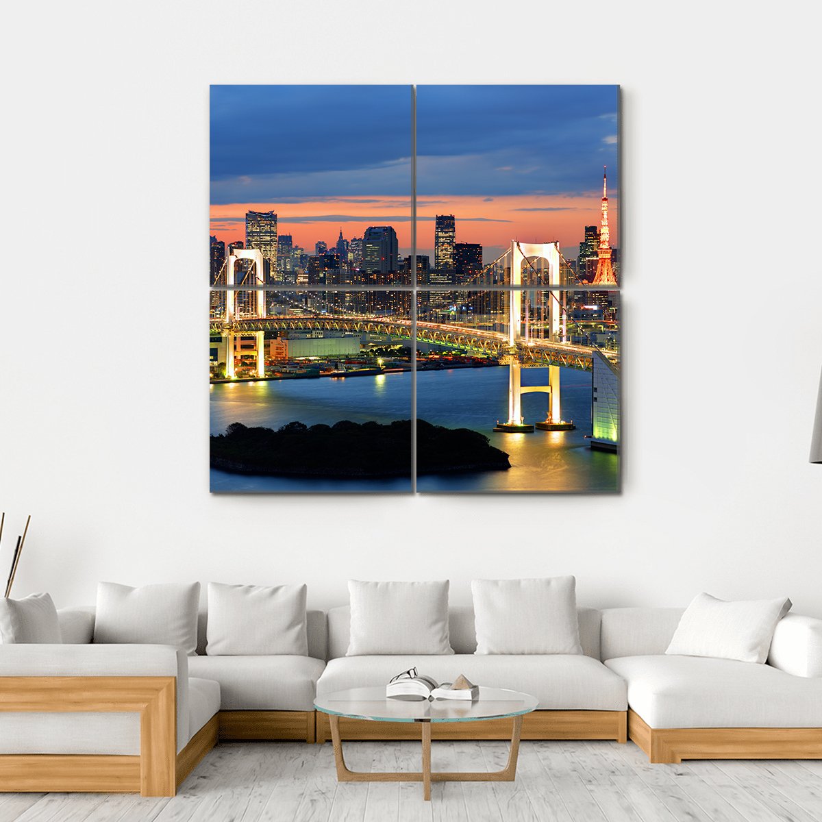 Rainbow Bridge Spanning Tokyo Bay With Tokyo Tower Canvas Wall Art-4 Square-Gallery Wrap-17" x 17"-Tiaracle