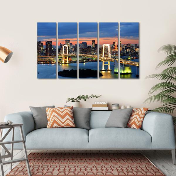 Rainbow Bridge Spanning Tokyo Bay With Tokyo Tower Canvas Wall Art-5 Horizontal-Gallery Wrap-22" x 12"-Tiaracle