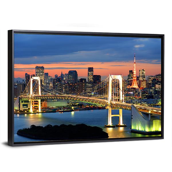 Rainbow Bridge Spanning Tokyo Bay With Tokyo Tower Canvas Wall Art-3 Horizontal-Gallery Wrap-25" x 16"-Tiaracle
