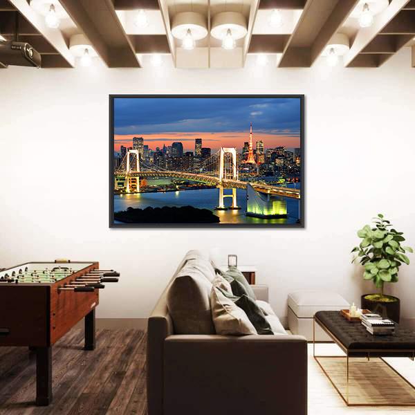 Rainbow Bridge Spanning Tokyo Bay With Tokyo Tower Canvas Wall Art-3 Horizontal-Gallery Wrap-25" x 16"-Tiaracle