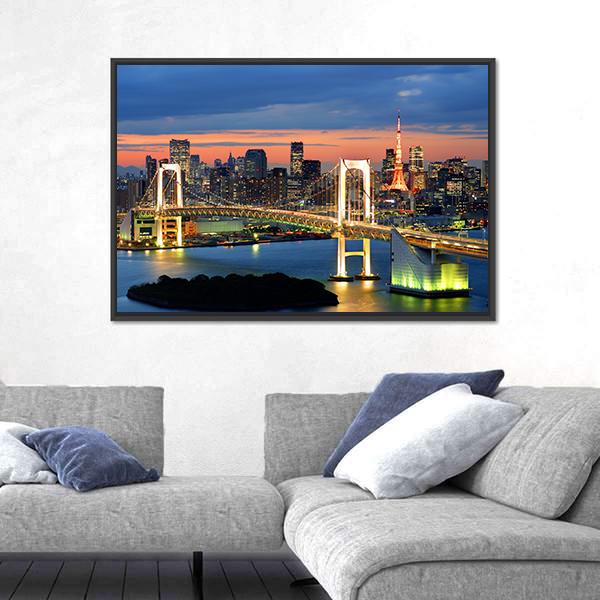 Rainbow Bridge Spanning Tokyo Bay With Tokyo Tower Canvas Wall Art-3 Horizontal-Gallery Wrap-25" x 16"-Tiaracle