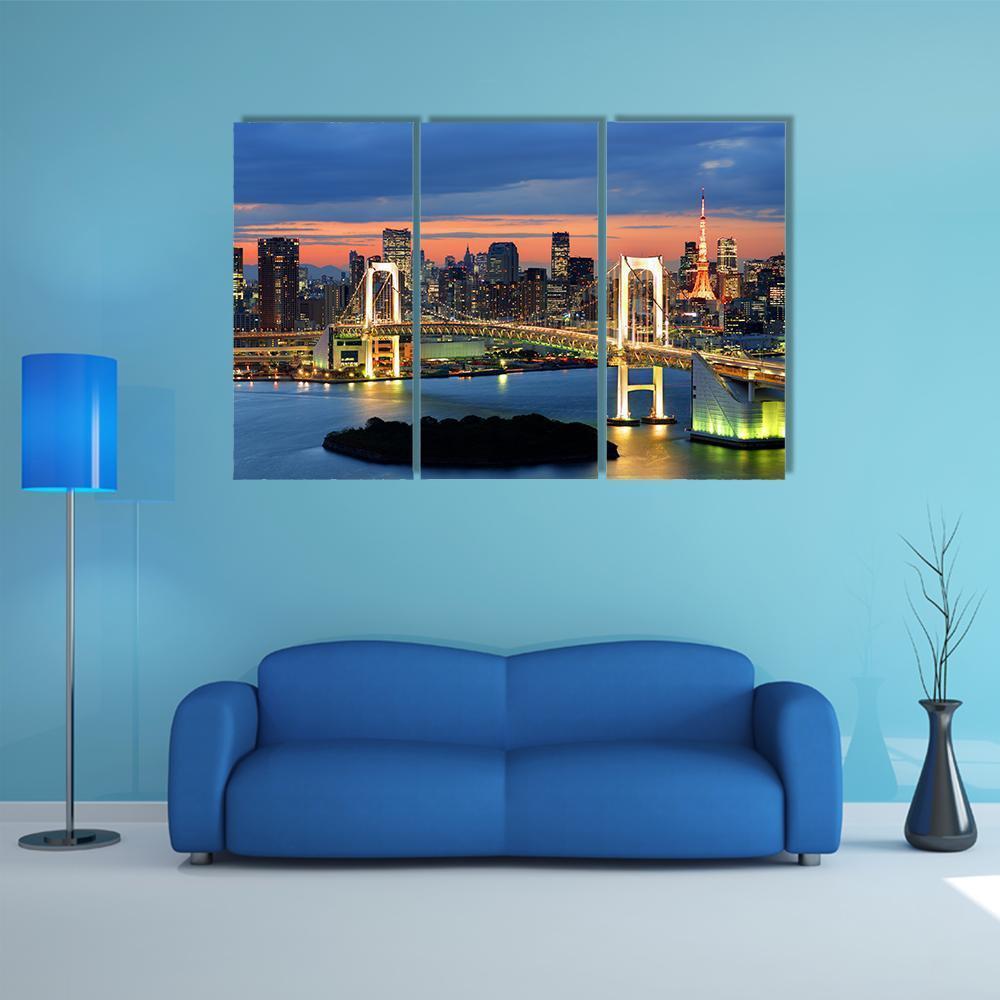 Rainbow Bridge Spanning Tokyo Bay With Tokyo Tower Canvas Wall Art-3 Horizontal-Gallery Wrap-37" x 24"-Tiaracle