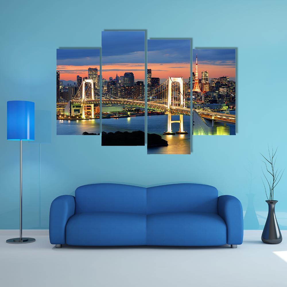 Rainbow Bridge Spanning Tokyo Bay With Tokyo Tower Canvas Wall Art-4 Pop-Gallery Wrap-50" x 32"-Tiaracle