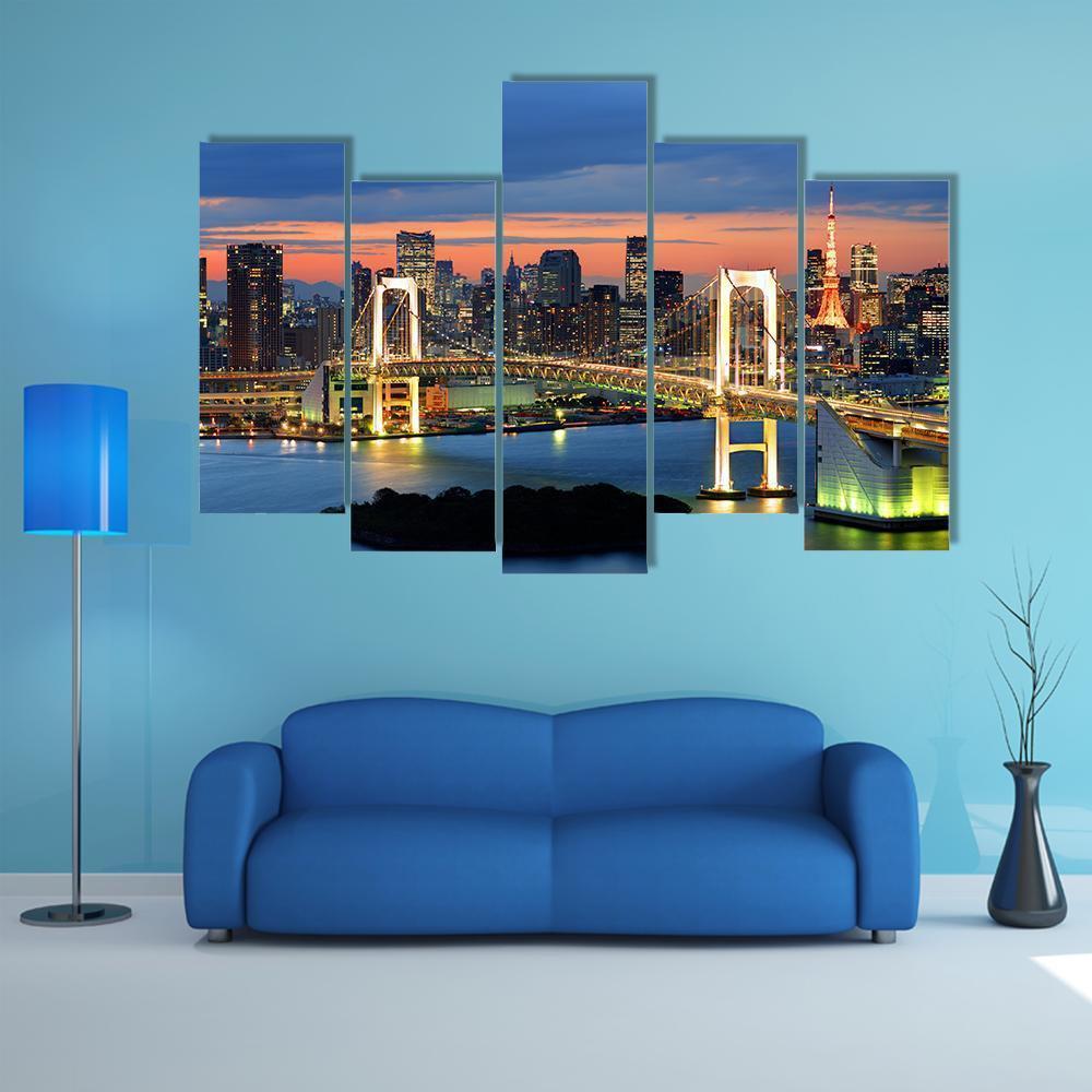 Rainbow Bridge Spanning Tokyo Bay With Tokyo Tower Canvas Wall Art-5 Pop-Gallery Wrap-47" x 32"-Tiaracle