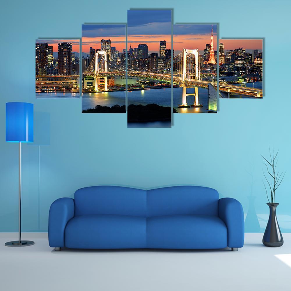 Rainbow Bridge Spanning Tokyo Bay With Tokyo Tower Canvas Wall Art-5 Star-Gallery Wrap-62" x 32"-Tiaracle