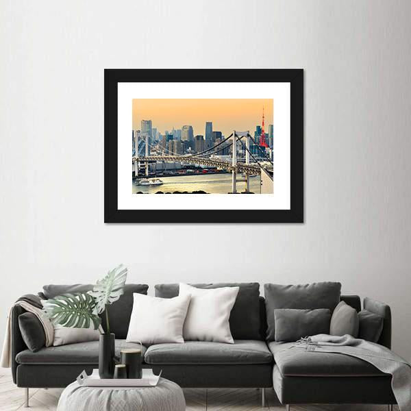 Rainbow Bridge & Tokyo Tower Canvas Wall Art-1 Piece-Framed Print-20" x 16"-Tiaracle