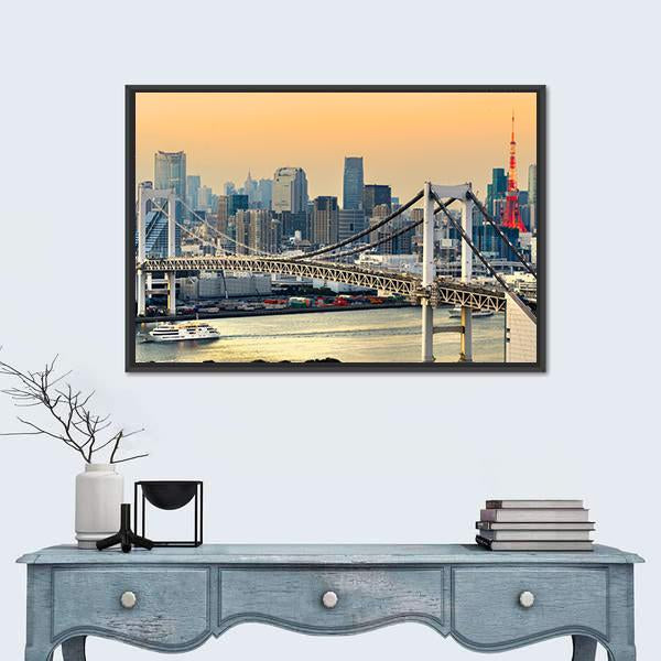 Rainbow Bridge & Tokyo Tower Canvas Wall Art-3 Horizontal-Gallery Wrap-25" x 16"-Tiaracle