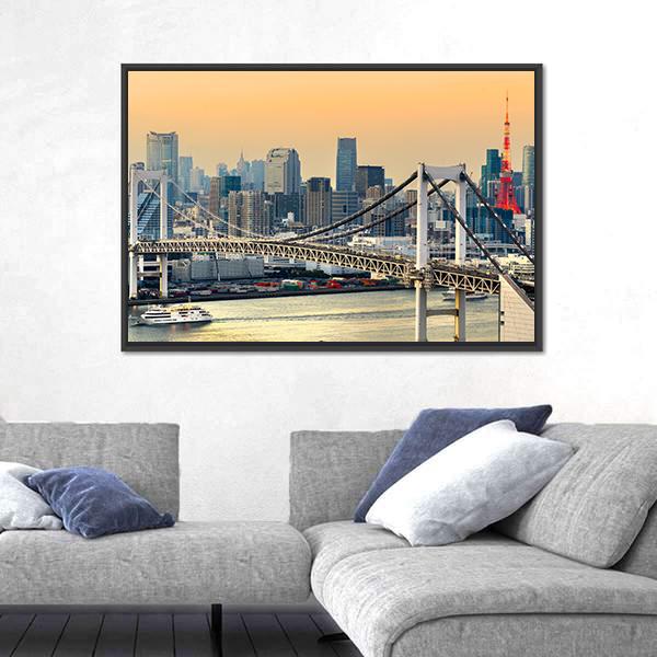 Rainbow Bridge & Tokyo Tower Canvas Wall Art-1 Piece-Floating Frame-24" x 16"-Tiaracle