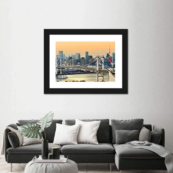 Rainbow Bridge & Tokyo Tower Canvas Wall Art-1 Piece-Framed Print-20" x 16"-Tiaracle